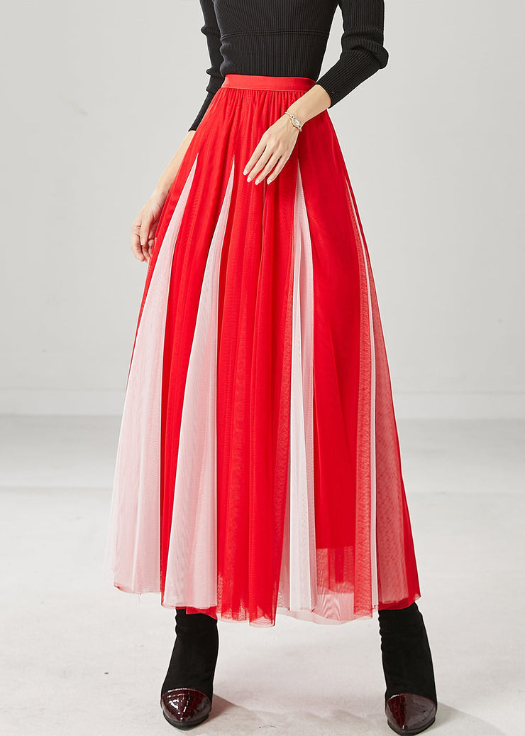 Elegant Red Wrinkled Patchwork Tulle Skirts Spring