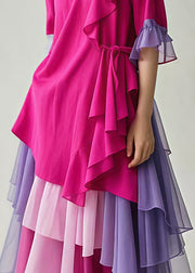 Elegant Rose Asymmetrical Patchwork Tulle Holiday Dress Summer