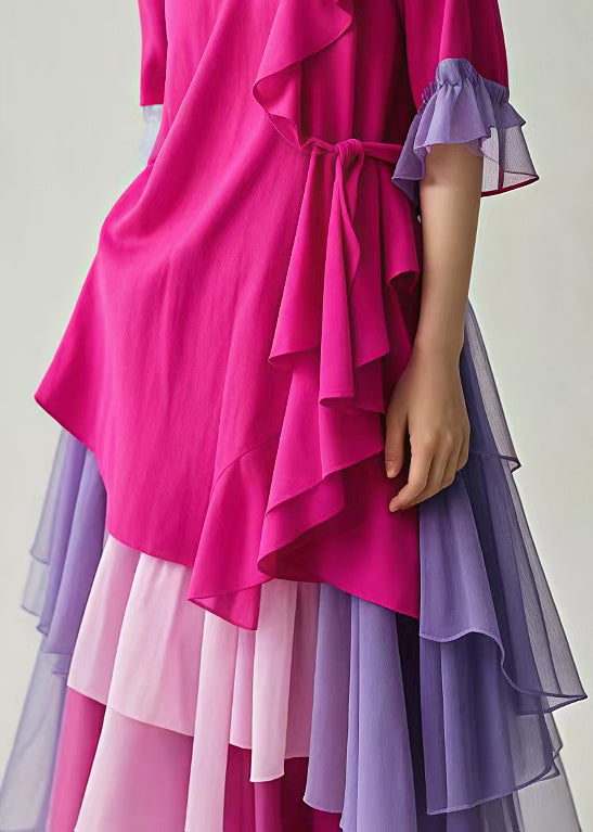 Elegant Rose Asymmetrical Patchwork Tulle Holiday Dress Summer