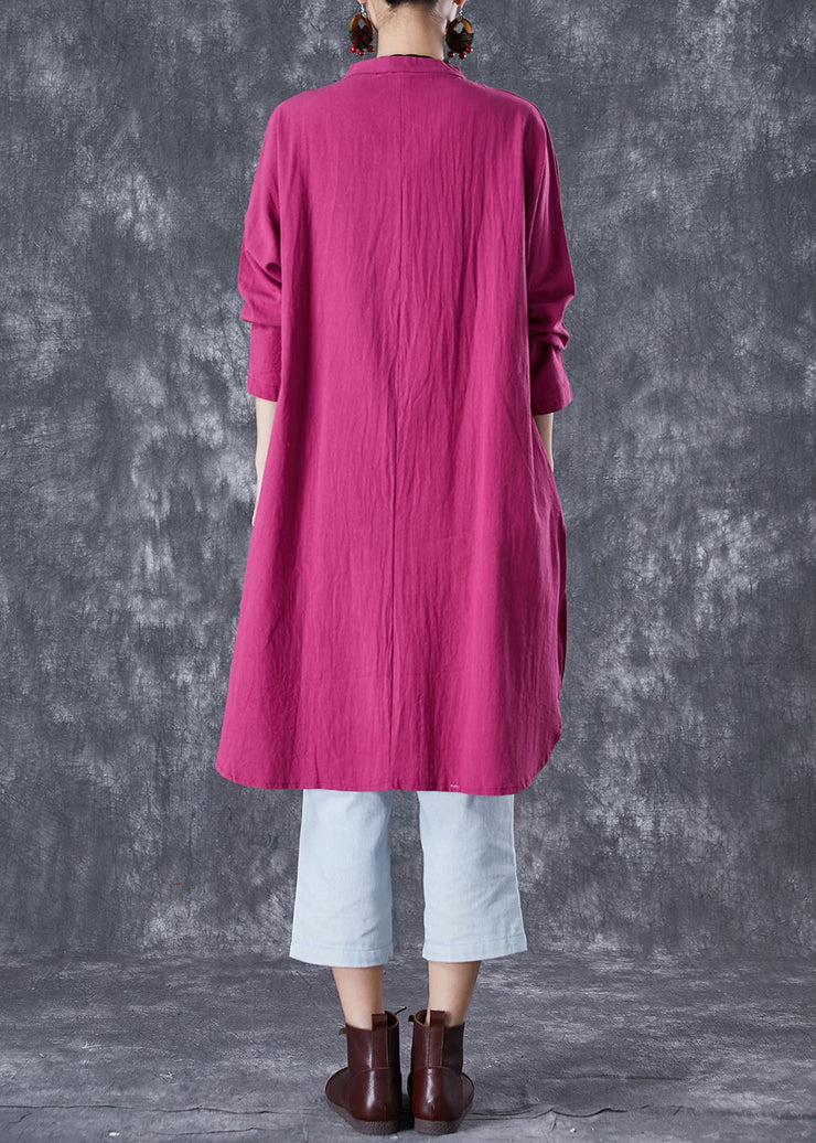 Elegant Rose Chinese Button Side Open Linen Long Shirts Fall