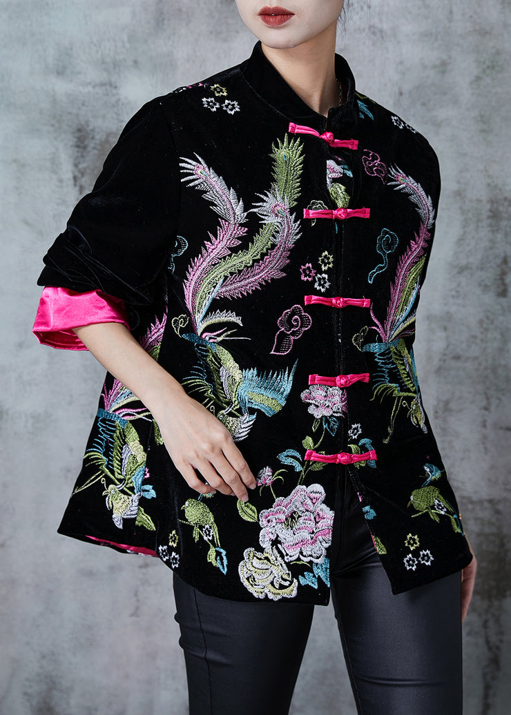 Elegant Rose Embroidered Silk Velvet Oriental Jacket Fall