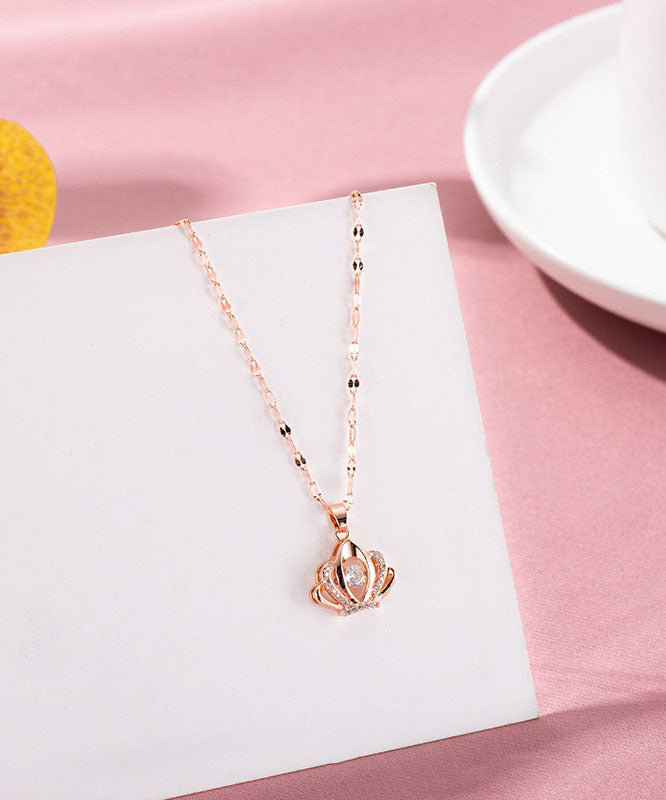 Elegant Rose Gold Copper Overgild Zircon 18K Gold Crown Pendant Necklace