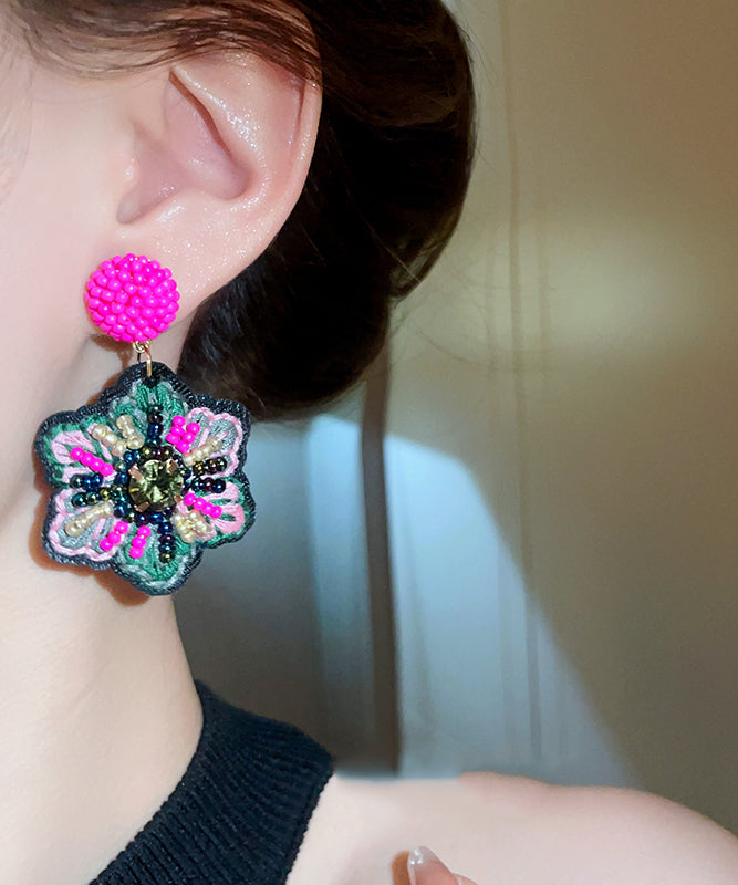 Elegant Rose Hand Woven Alloy Beads Embroidery Floral Drop Earrings