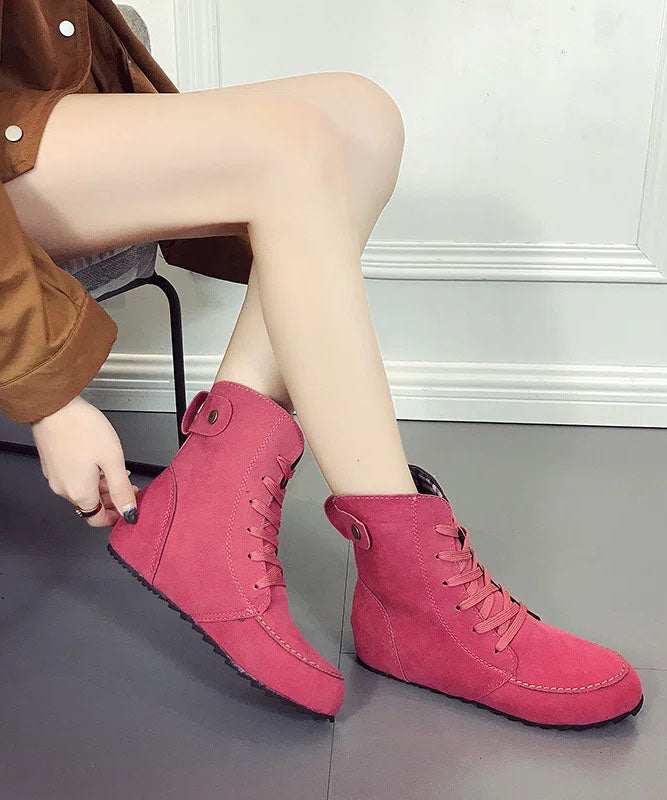 Elegant Rose Lace Up Splicing Flat Boots Suede