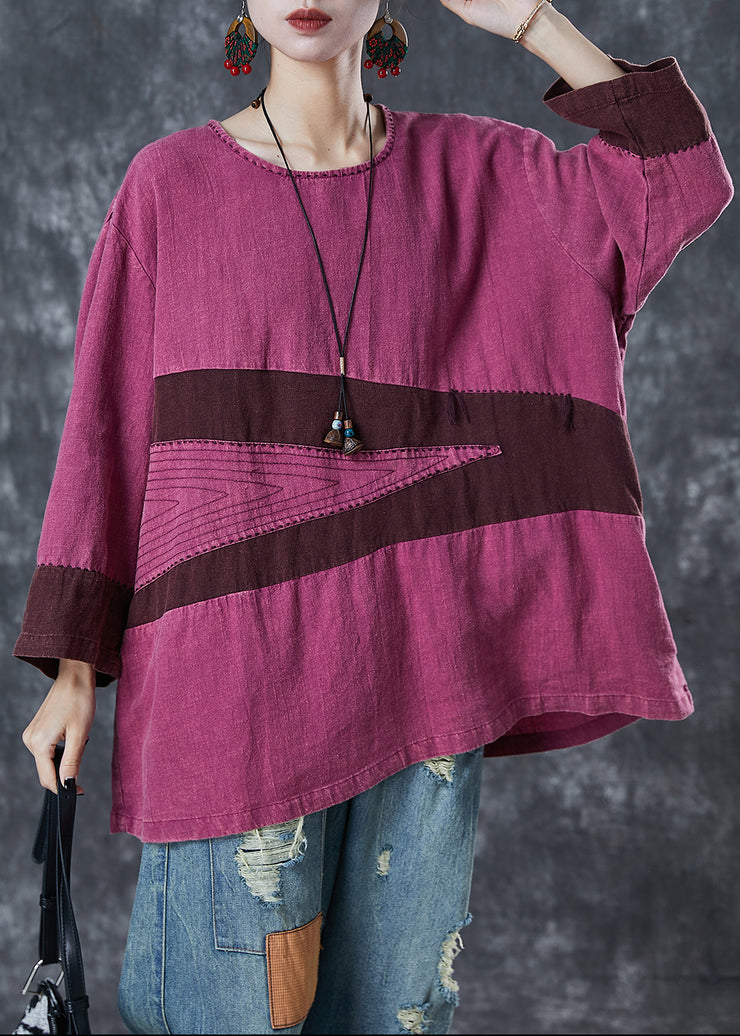 Elegant Rose Oversized Patchwork Linen Blouses Spring