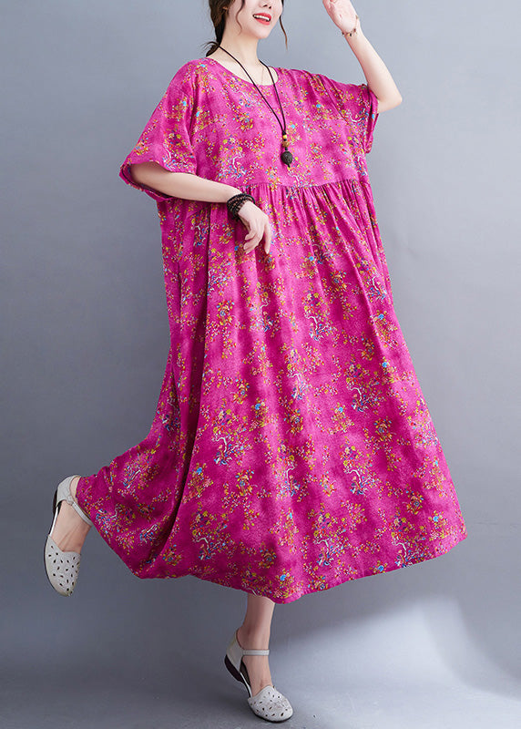 Elegant Rose Print Patchwork Cotton Cozy Long Dress Short Sleeve