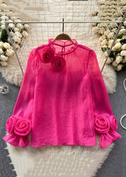 Elegant Rose Ruffled Solid Chiffon Tops Long Sleeve