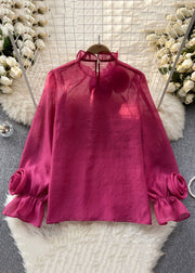 Elegant Rose Ruffled Solid Chiffon Tops Long Sleeve