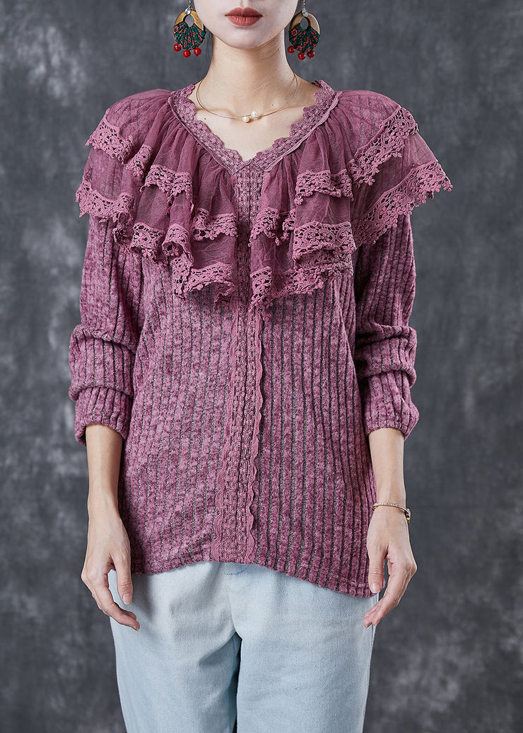 Elegant Rose Ruffles Patchwork Knit Sweater Winter