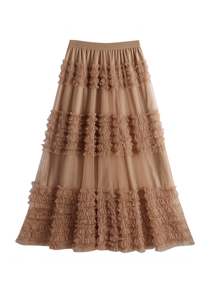 Elegant Ruffled Patchwork Elastic Waist Tulle A Line Skirt Spring