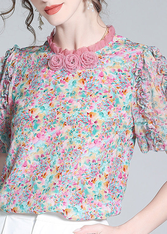 Elegant Ruffled Print Floral Button Silk Top Short Sleeve