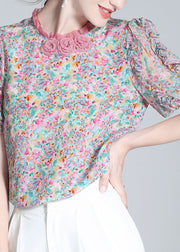 Elegant Ruffled Print Floral Button Silk Top Short Sleeve