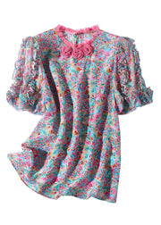 Elegant Ruffled Print Floral Button Silk Top Short Sleeve