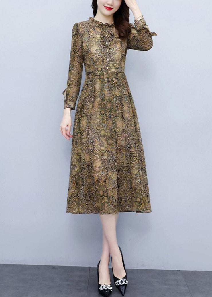 Elegant Ruffled Print High Waist Chiffon Dress Long Sleeve