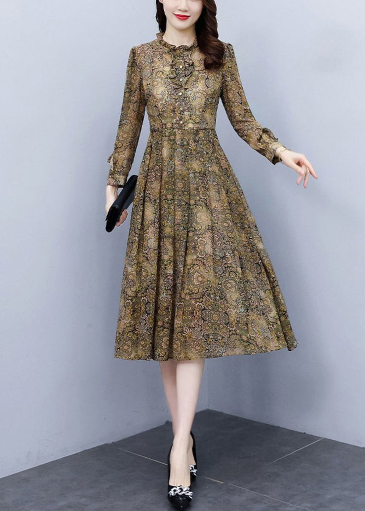 Elegant Ruffled Print High Waist Chiffon Dress Long Sleeve