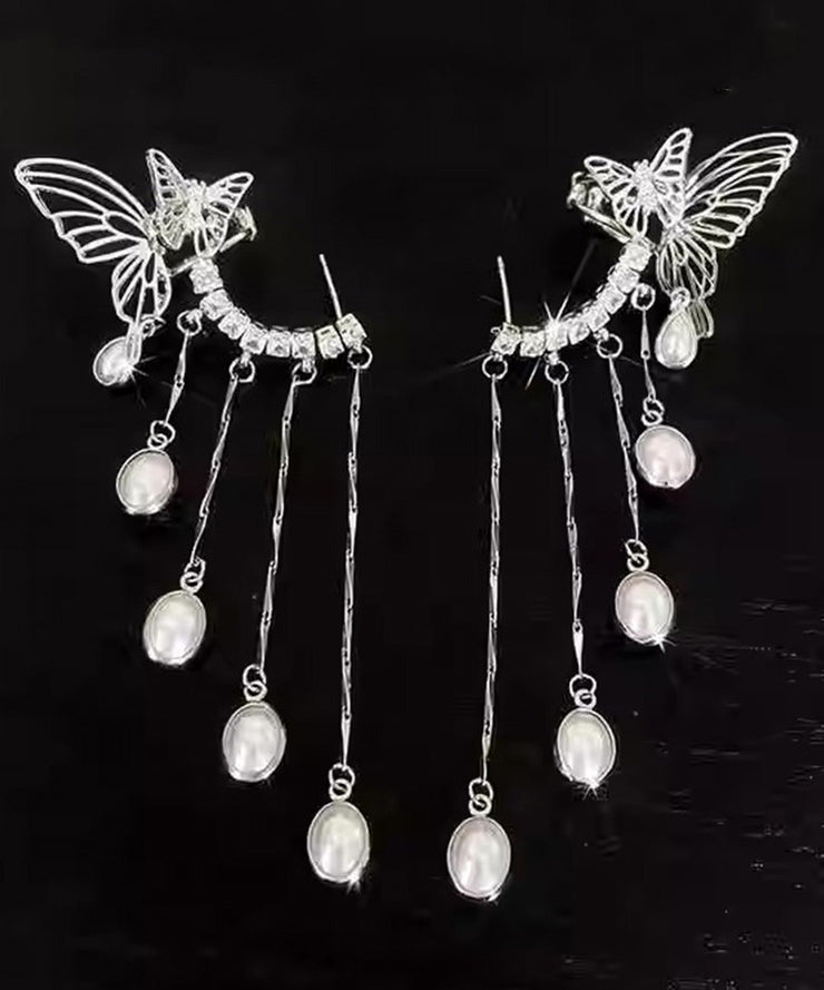 Elegant Silk Copper Zircon Pearl Butterfly Tassel Drop Earrings