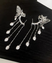 Elegant Silk Copper Zircon Pearl Butterfly Tassel Drop Earrings