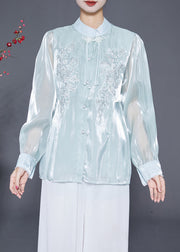 Elegant Sky Blue Tasseled Embroideried Silk Blouses Fall