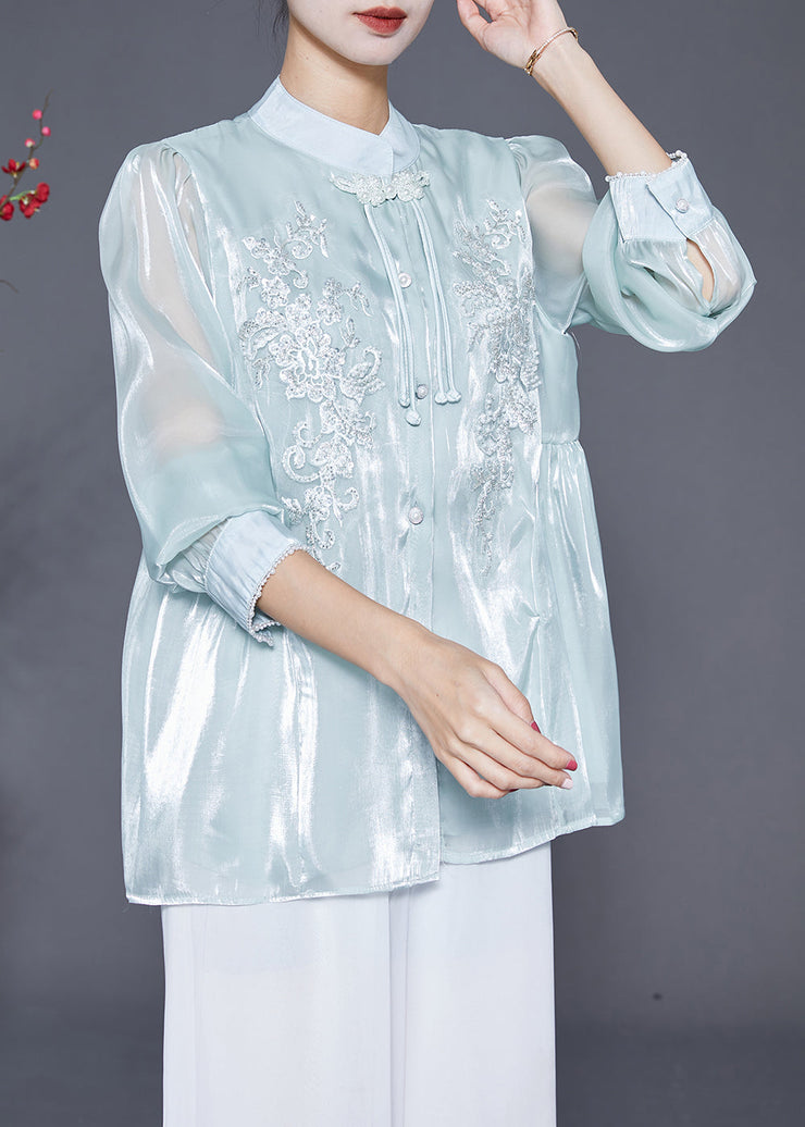 Elegant Sky Blue Tasseled Embroideried Silk Blouses Fall