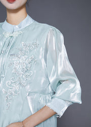 Elegant Sky Blue Tasseled Embroideried Silk Blouses Fall