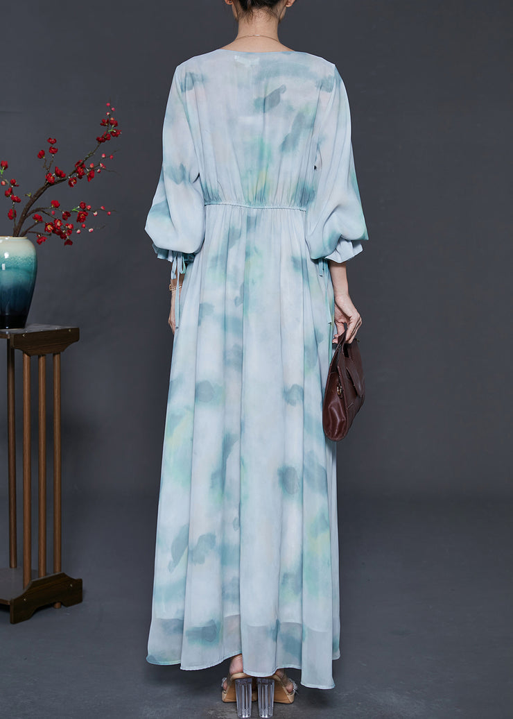 Elegant Sky Blue V Neck Tie Dye Chiffon Dress Summer