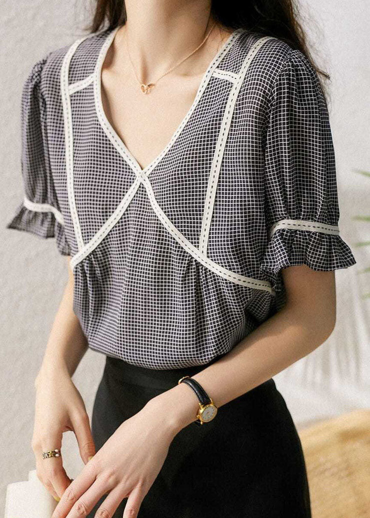 Elegant Small Plaid Ruffled Patchwork Silk Tops Summer