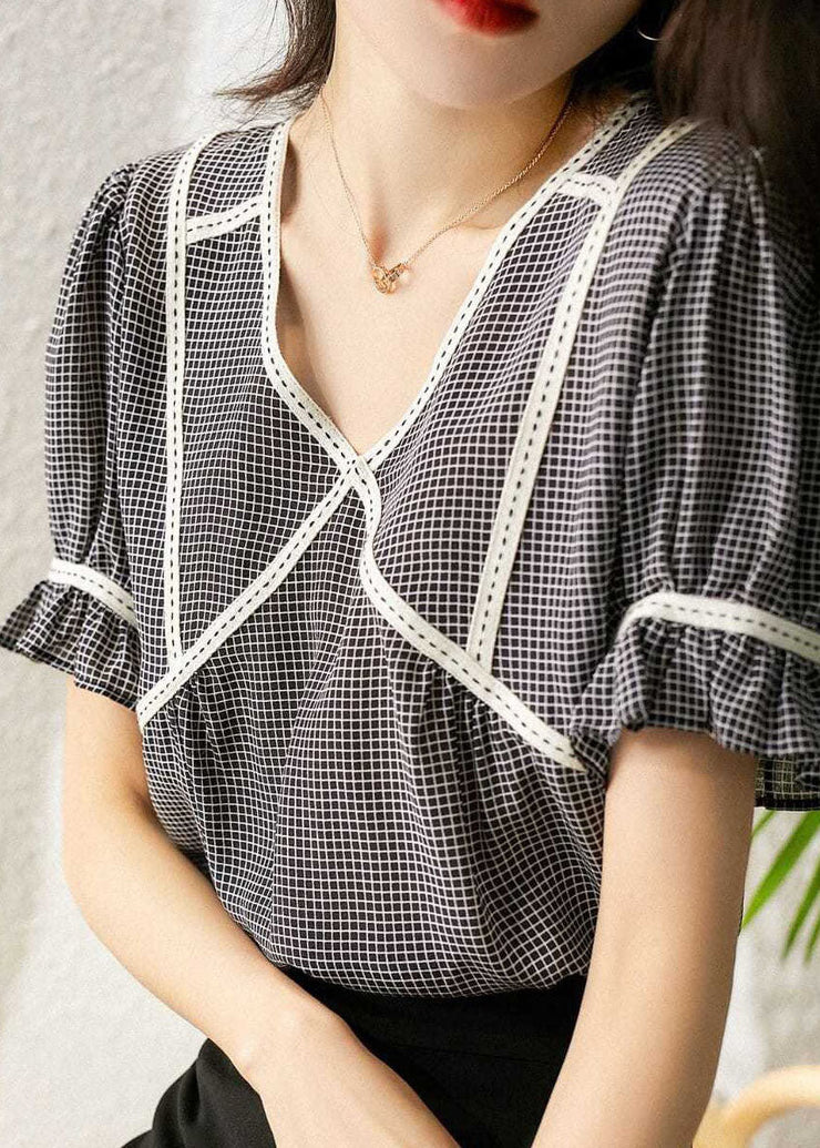 Elegant Small Plaid Ruffled Patchwork Silk Tops Summer