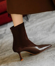 Elegant Splicing High Heel Boots Brown Cowhide Leather