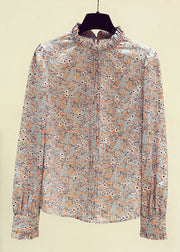 Elegant Stand Collarc Ruffled Print Chiffon Shirts Spring