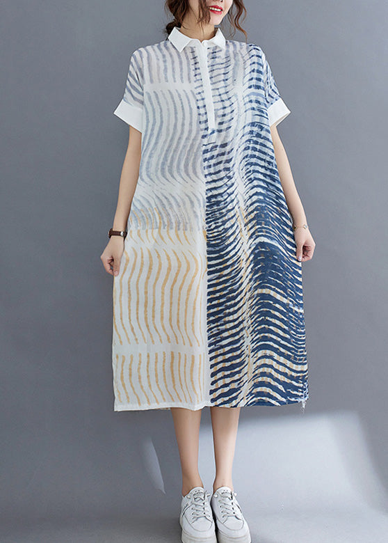 Elegant Striped Button Cotton Long Dress Short Sleeve