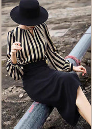 Elegant Striped Side Open Patchwork Cotton Long Dress Fall