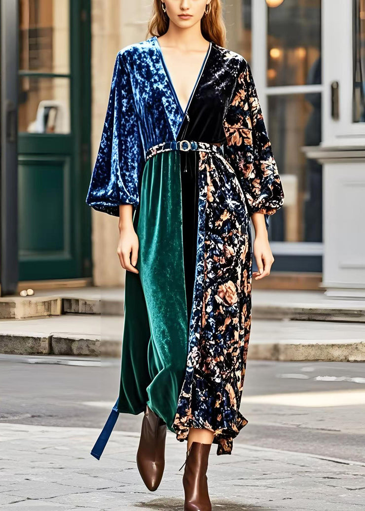 Elegant V Neck Patchwork Print Silk Velvet Dress Spring