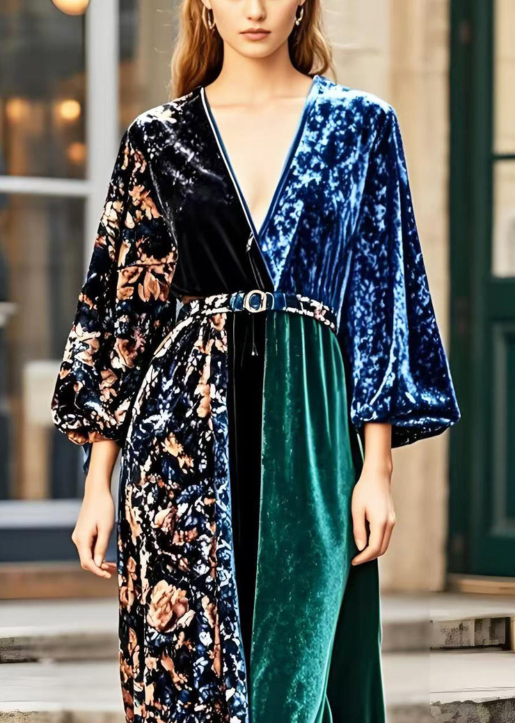 Elegant V Neck Patchwork Print Silk Velvet Dress Spring