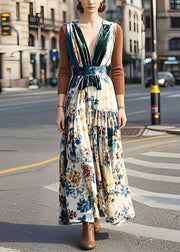 Elegant V Neck Patchwork Print Silk Velvet Long Dress Fall