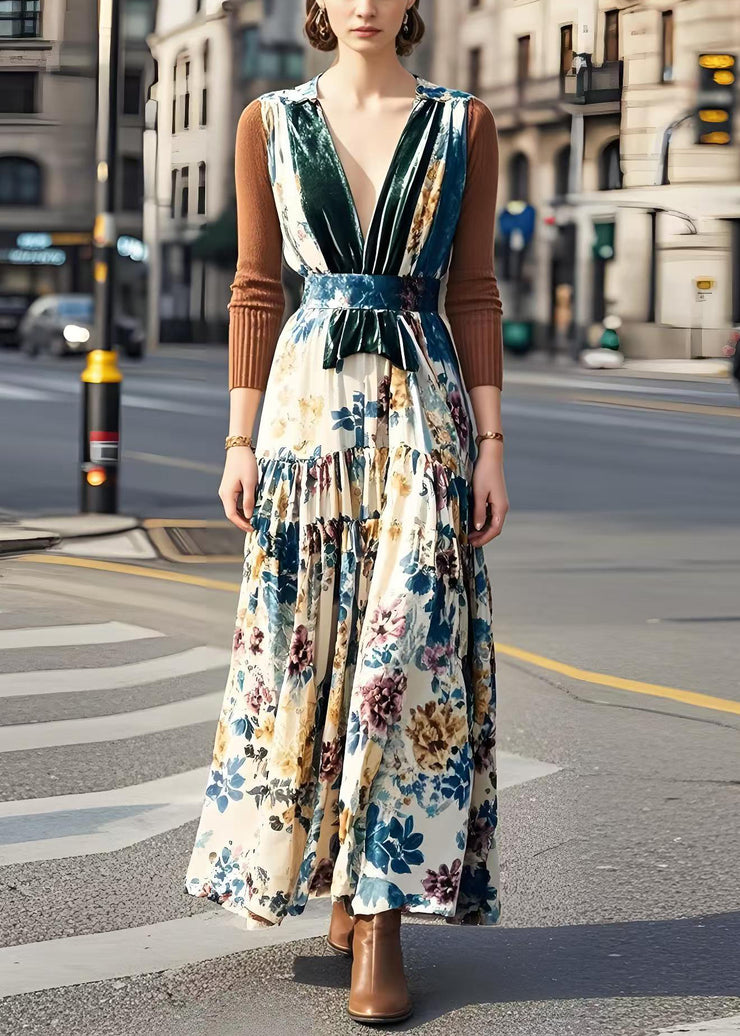 Elegant V Neck Patchwork Print Silk Velvet Long Dress Fall