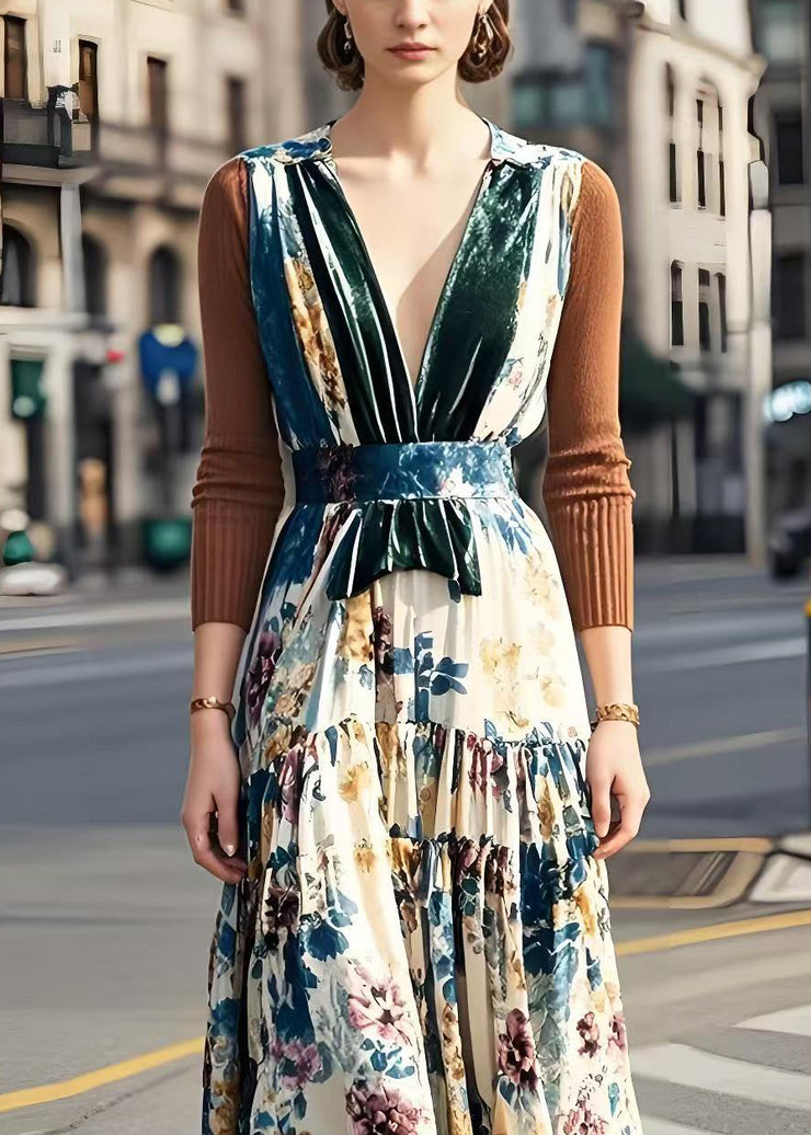 Elegant V Neck Patchwork Print Silk Velvet Long Dress Fall