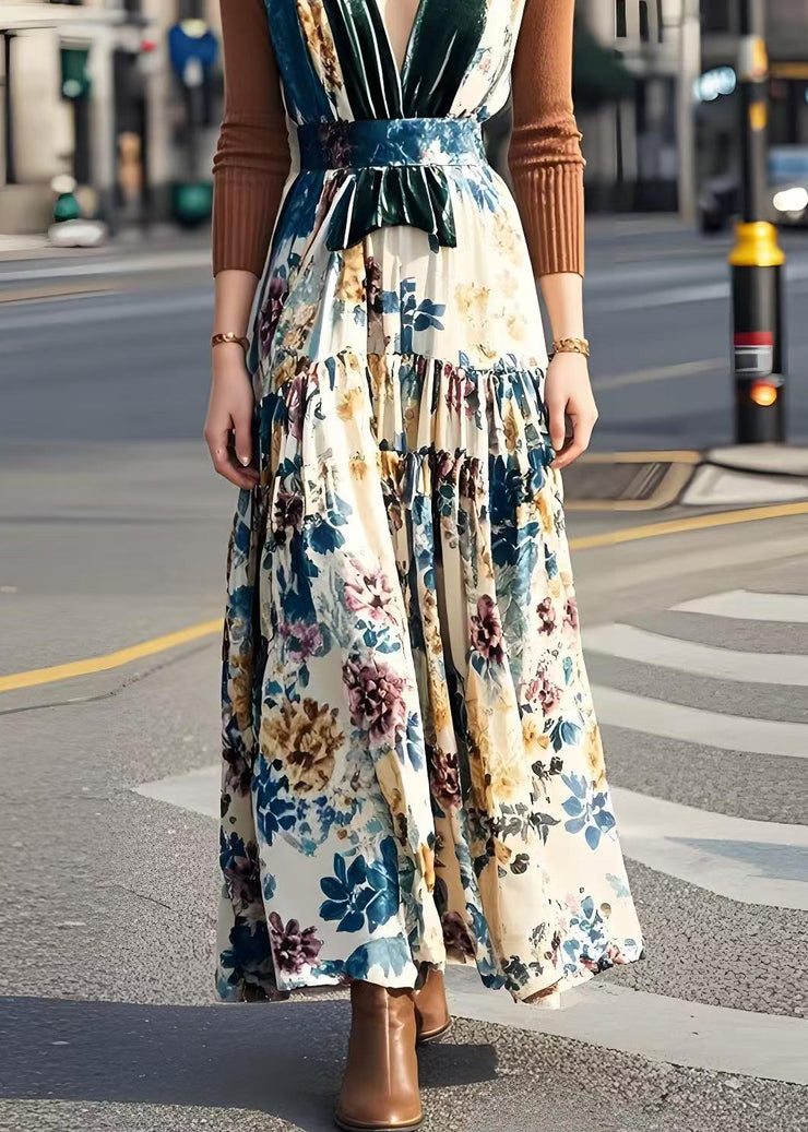 Elegant V Neck Patchwork Print Silk Velvet Long Dress Fall