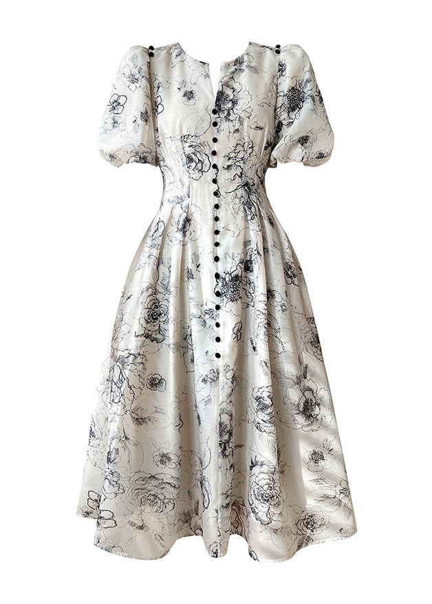 Elegant V Neck Print Button Chiffon Maxi Dress Short Sleeve