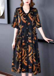 Elegant V Neck Print Button Silk Maxi Shirts Dresses Summer