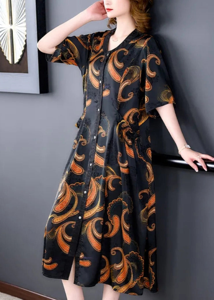 Elegant V Neck Print Button Silk Maxi Shirts Dresses Summer