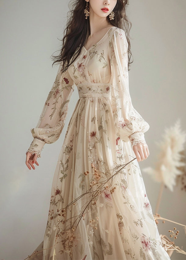 Elegant V Neck Print High Waist Chiffon Dress Long Sleeve