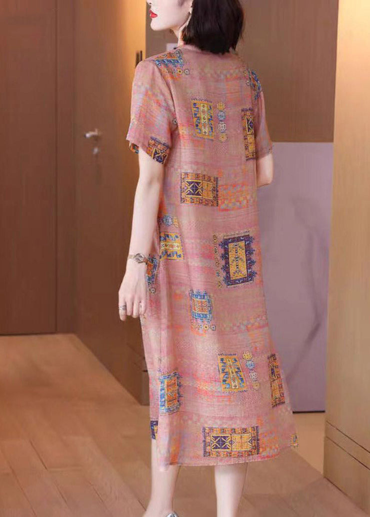 Elegant V Neck Print Linen Long Dresses Short Sleeve