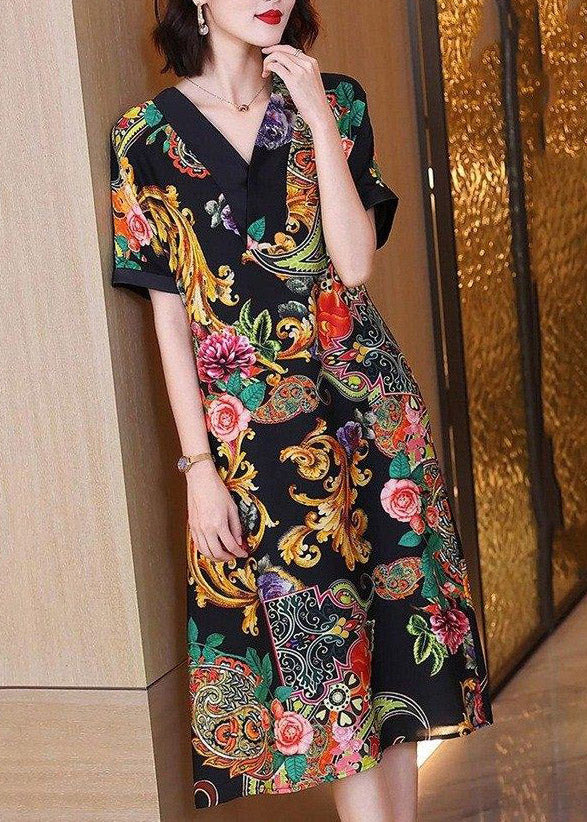 Elegant V Neck Print Silk Party Dress Short Sleeve