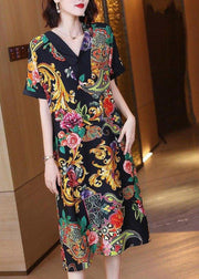 Elegant V Neck Print Silk Party Dress Short Sleeve