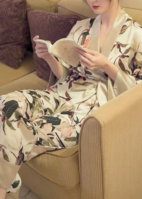 Elegant V Neck Print Tie Waist Ice Silk Pajamas Two Pieces Set Long Sleeve