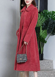 Elegant Watermelon Red Peter Pan Collar Thick Cashmere Trench Winter