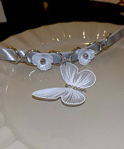 Elegant White Alloy Leather Patchwork Zircon Butterfly Choker