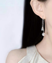 Elegant White Alloy Love Pearl Tassel Drop Earrings