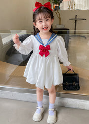 Elegant White Bow Solid Cotton Girls Mid Dresses Flare Sleeve