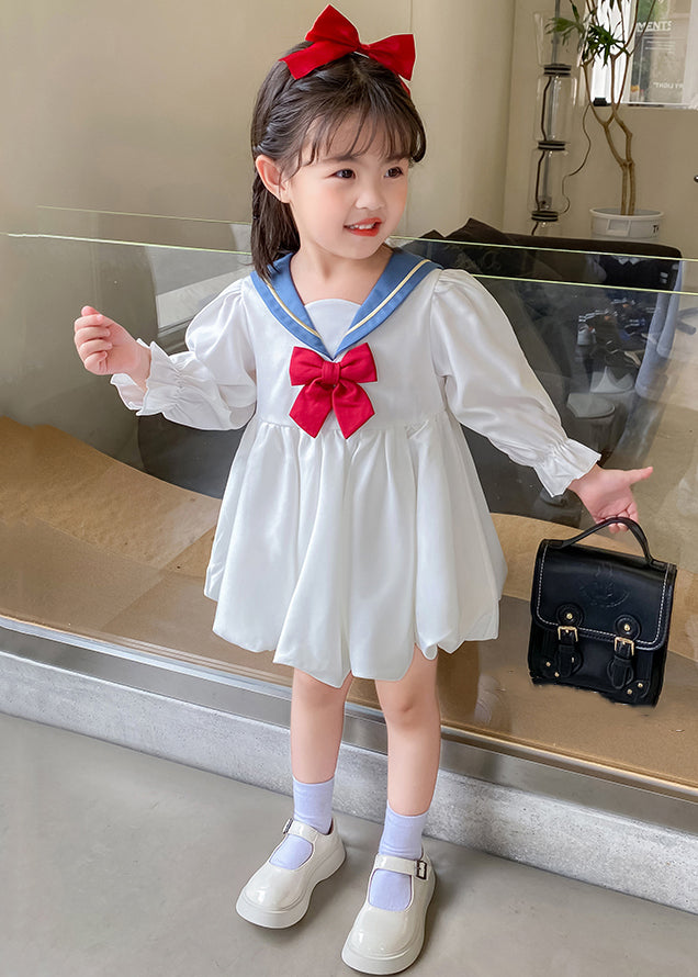 Elegant White Bow Solid Cotton Girls Mid Dresses Flare Sleeve